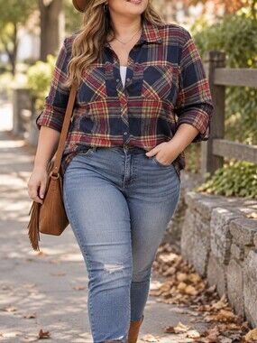 Natural Reflections 100% Cotton Navy Red Yellow Plaid Button Down Shirt Casual